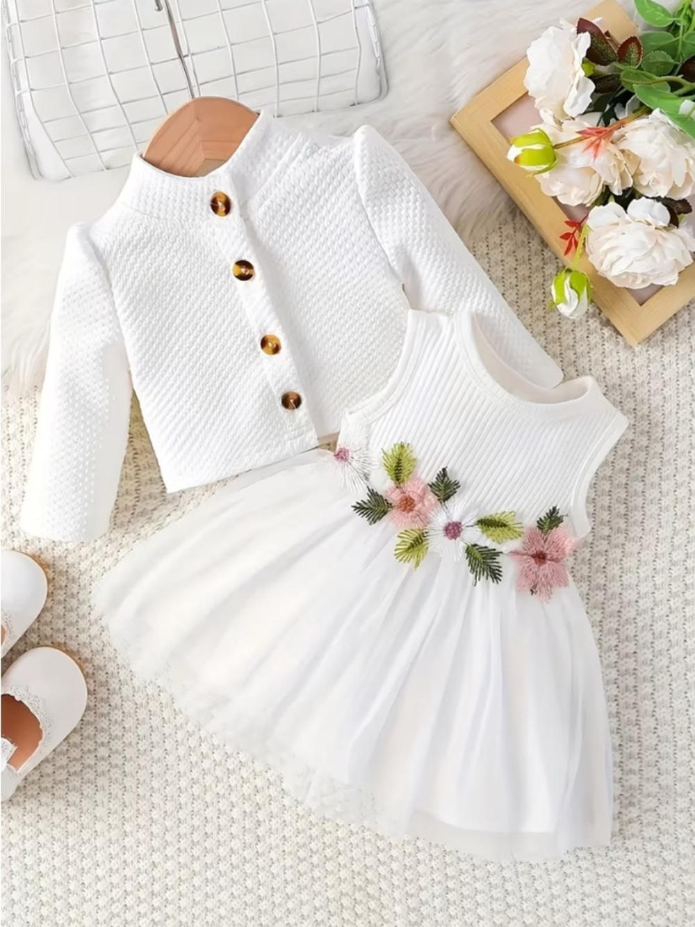 Brand new beautiful White Floral Embroidered Tulle Dress with Knit Jacket